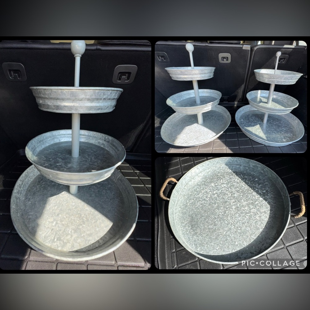 2 Galvanized Metal 3-Tier Trays & 1 Single Galvanized Tray